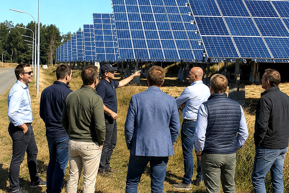 Ryhmä kuuntelee opastusta aurinkovoimalan paneelirivien äärellä.