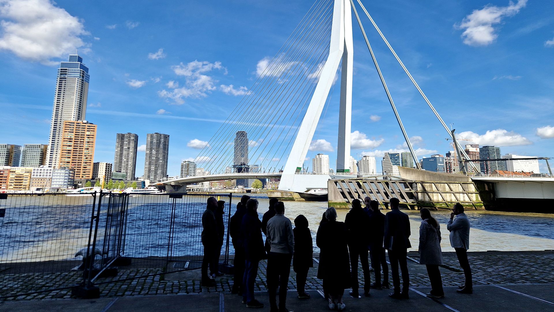 Suomalainen asiantuntijaryhmä tutustumassa Rotterdamin kaupunkikehityskohteeseen Erasmus-sillan äärellä.